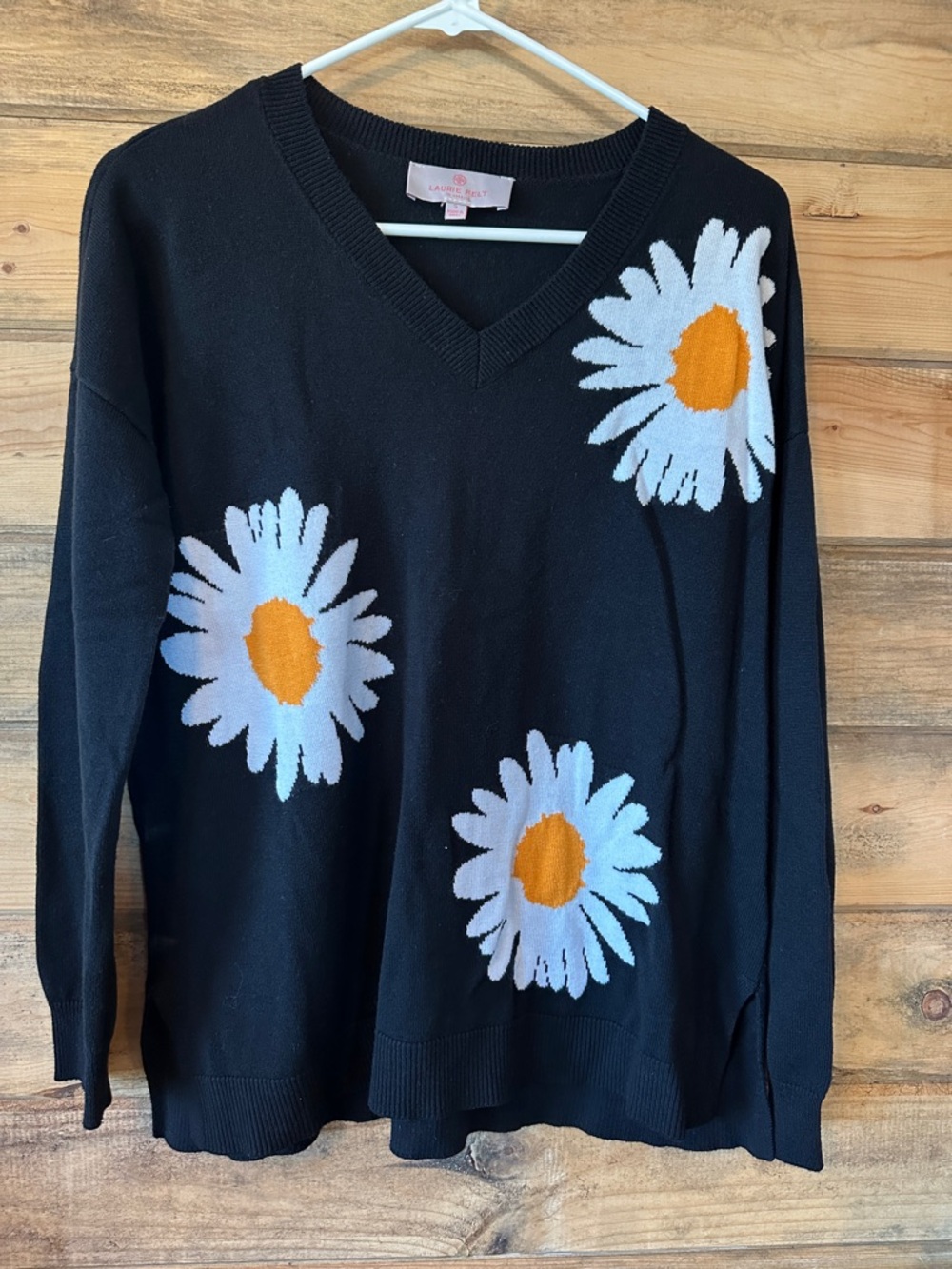 Laurie Felt Black V-Neck Sweater with White and Yellow Daisy Motifs